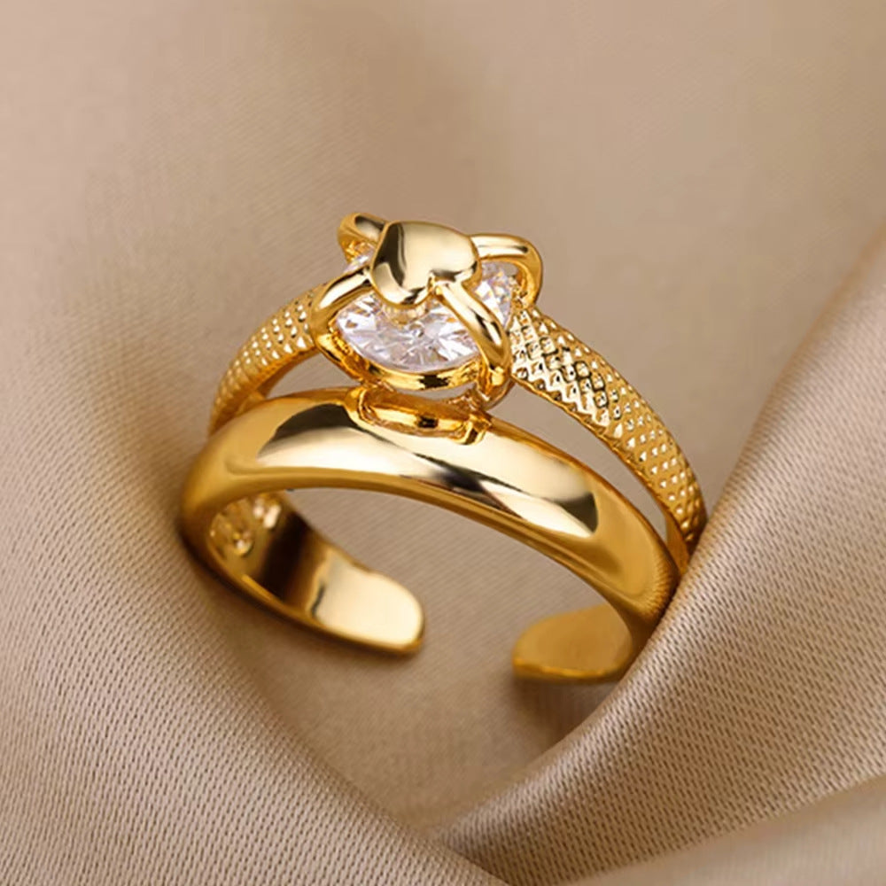 18K Gold-Plated Zircon Leaf Open Ring for Women