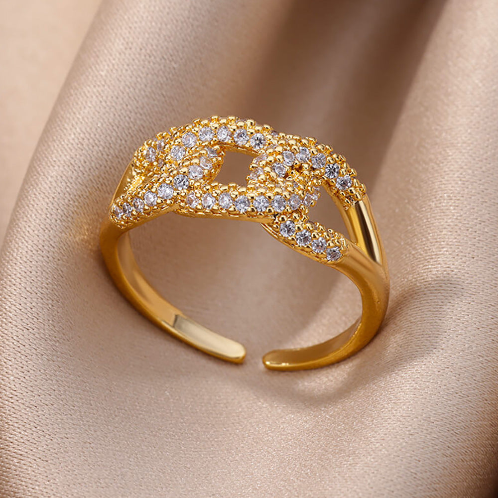 18K Gold-Plated Zircon Leaf Open Ring for Women