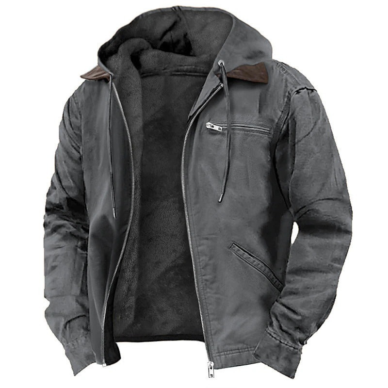 Solid Color Fleece-Lined Hooded Jacket for Men
