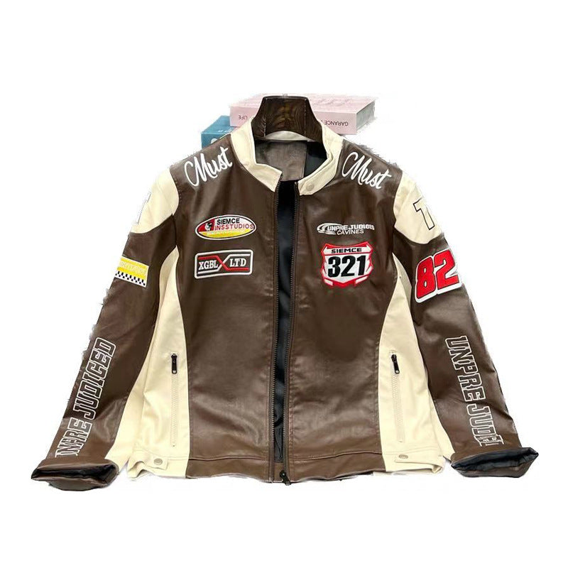 Letter Embroidered PU Leather Motorcycle Baseball Jacket