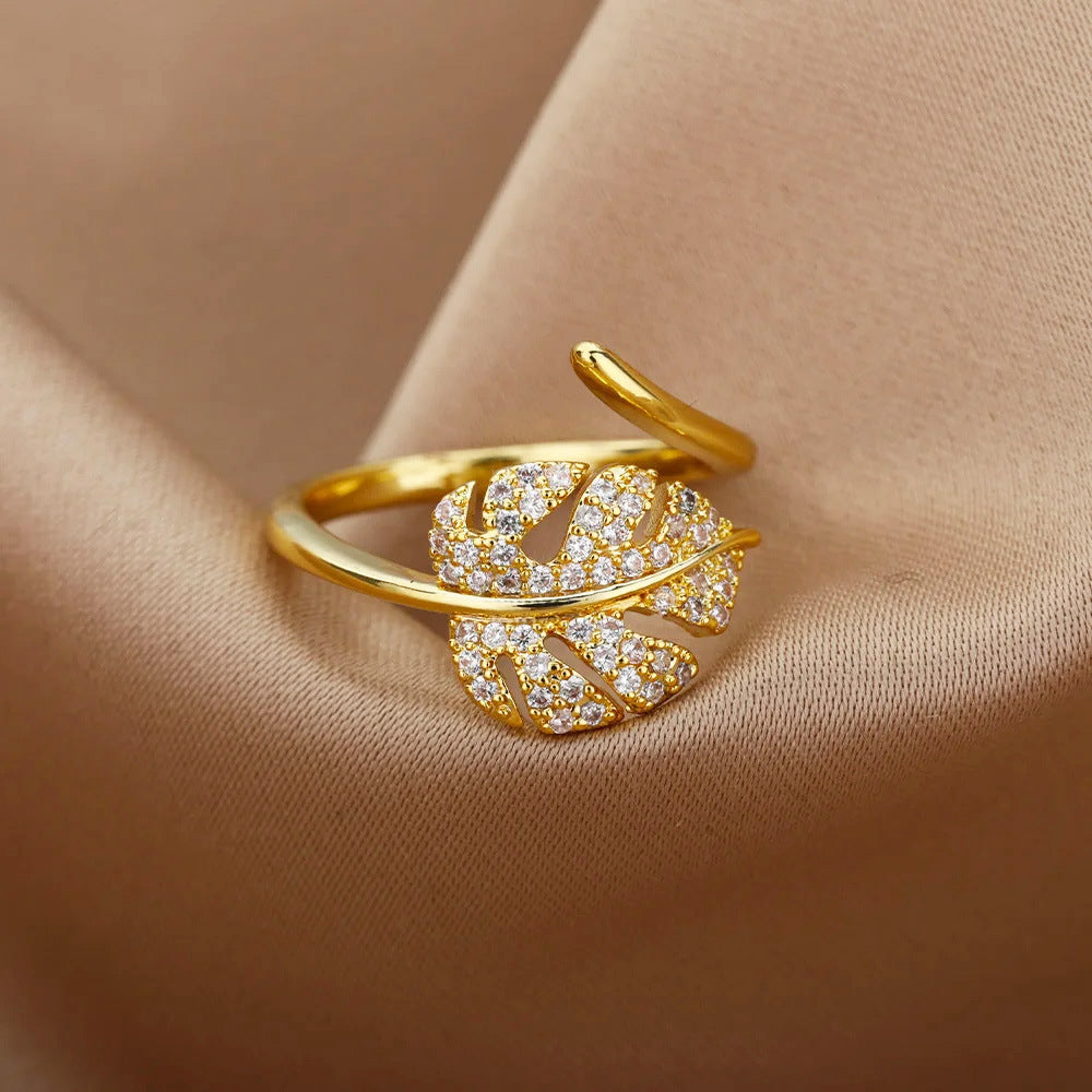 18K Gold-Plated Zircon Leaf Open Ring for Women