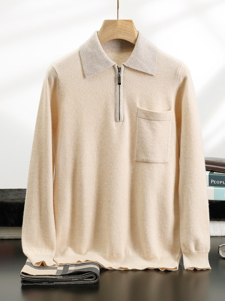 Men's Cashmere Knit Sweater Lapel Collar Long Sleeve