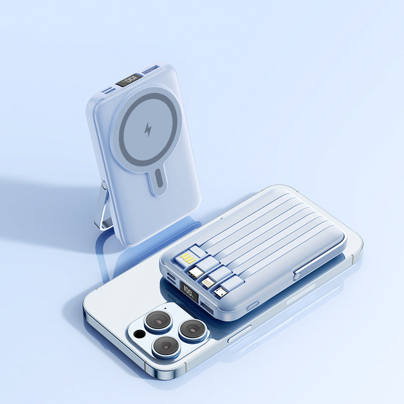 Magnetic Stand Power Bank with Wireless Charging and Built-In Cable