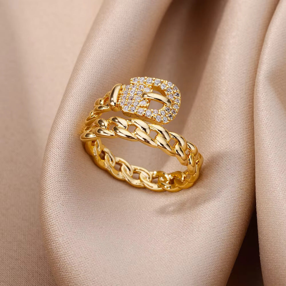 18K Gold-Plated Zircon Leaf Open Ring for Women