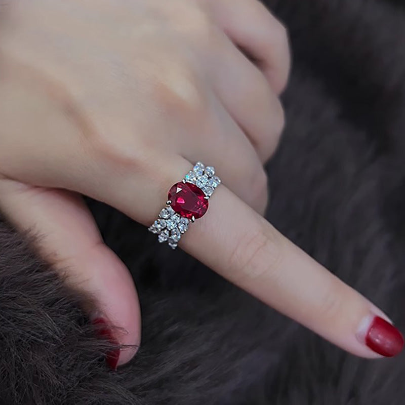 Oval Red Corundum Diamond Ring