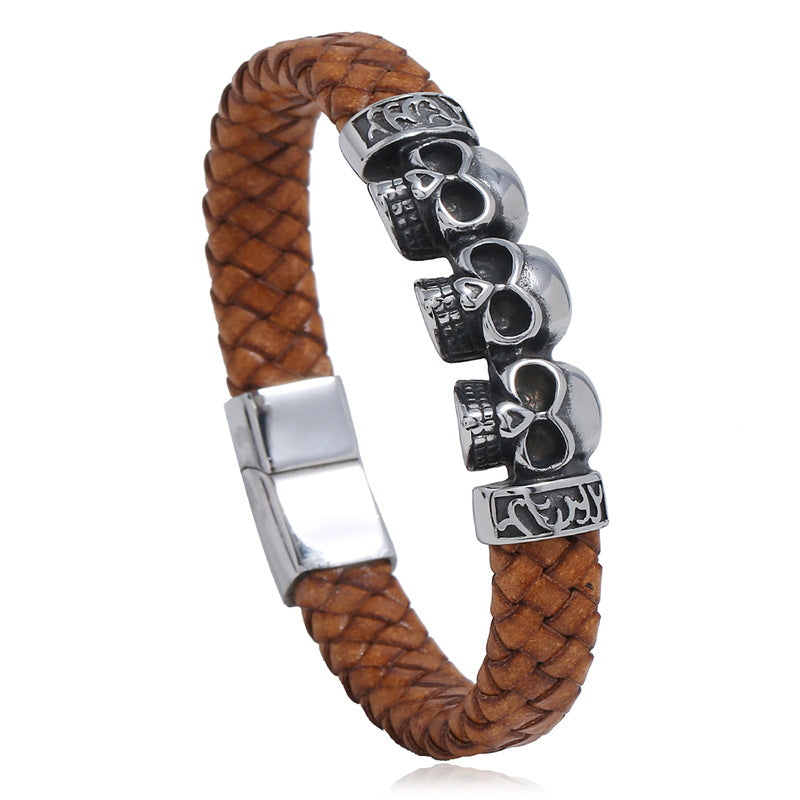 Vintage Woven Leather Bracelet with Skull Charm