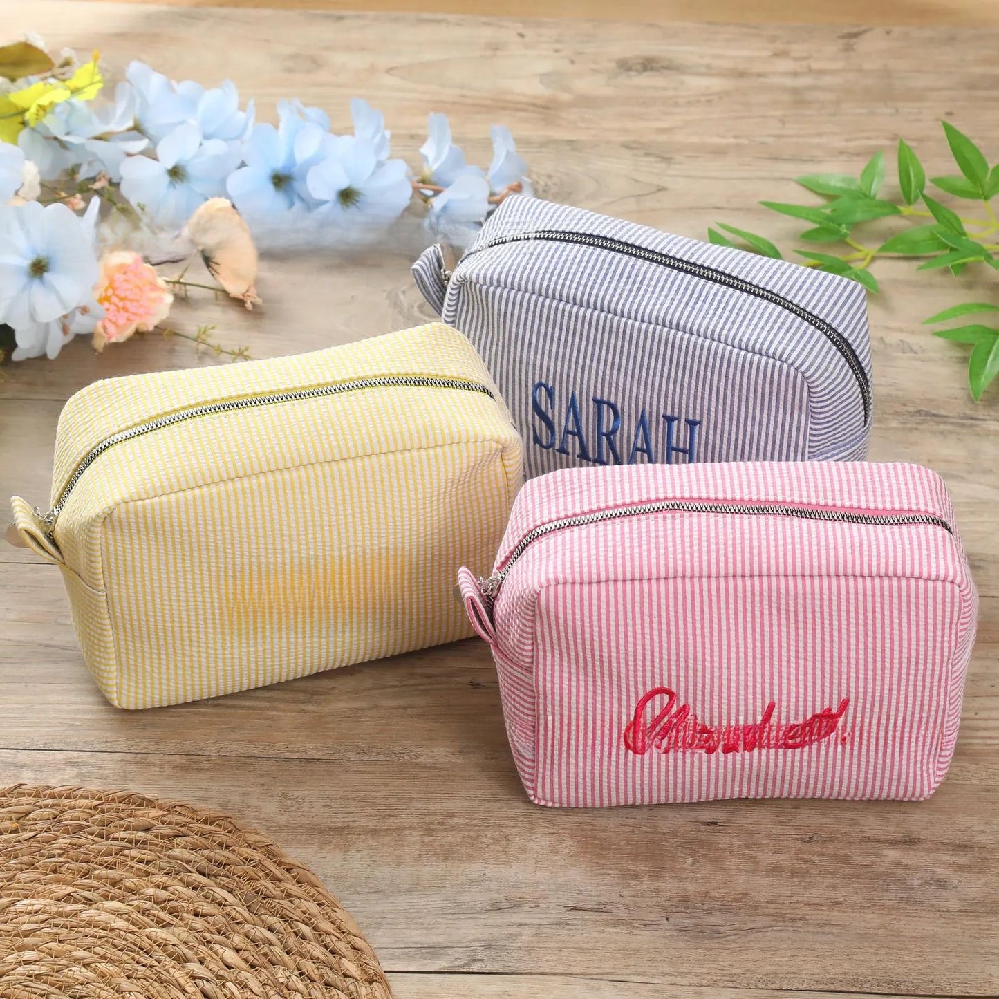 Personalized Embroidered Seersucker Cosmetic Bag
