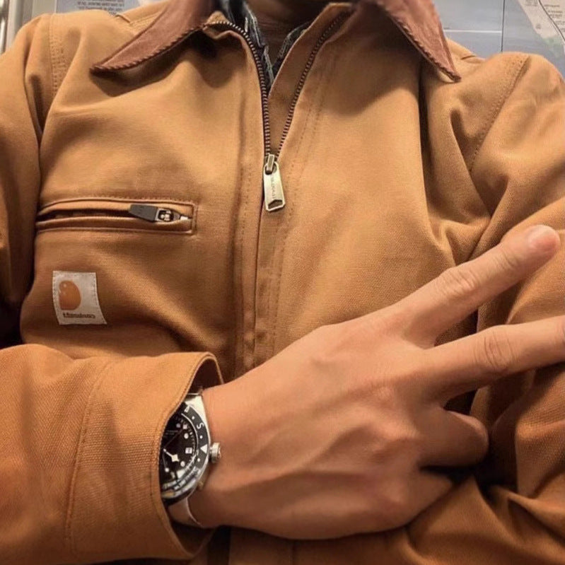 Thickened lapel canvas washed coat