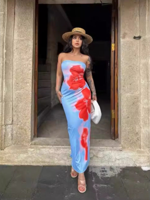 Slim-Fit Floral Print Tube Dress