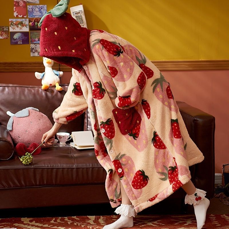 Strawberry Print Fleece-Lined Pajama Set