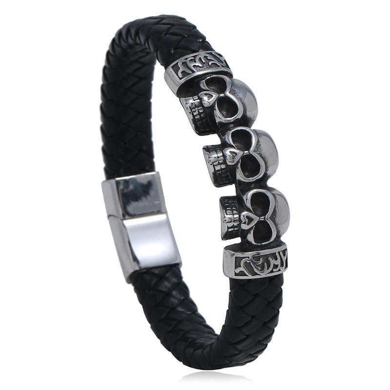 Vintage Woven Leather Bracelet with Skull Charm