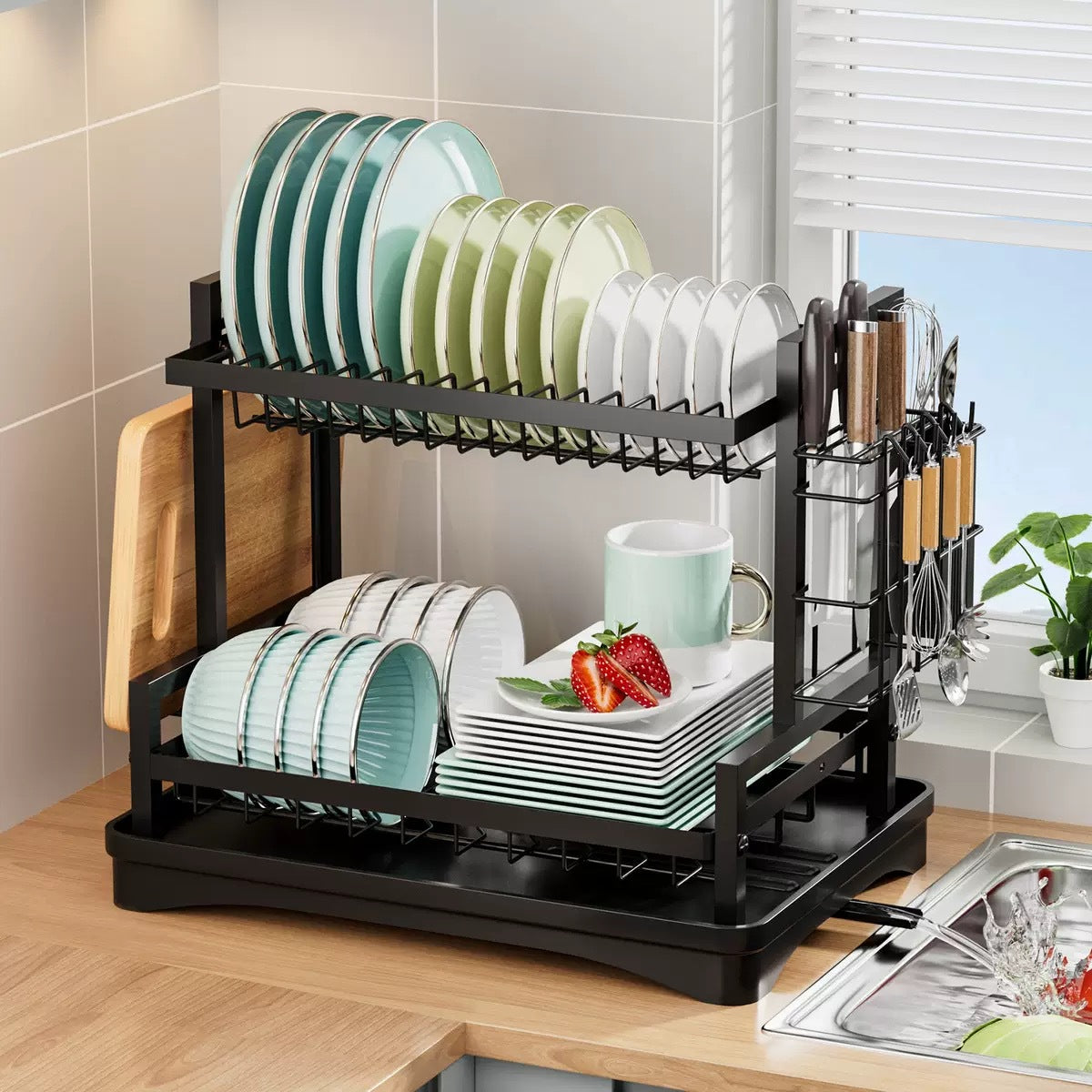 Kitchen Dish Rack with Drainage, Multilayer Storage for Dishes and Cups
