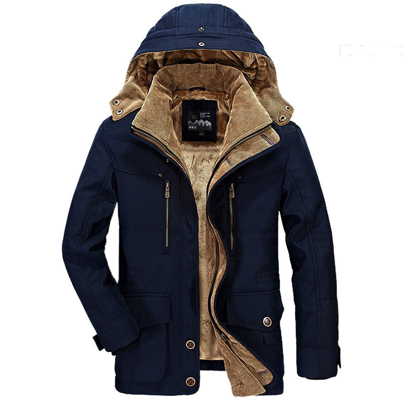 Men's Thickened Hooded Cotton Jacket with Multi-Pockets