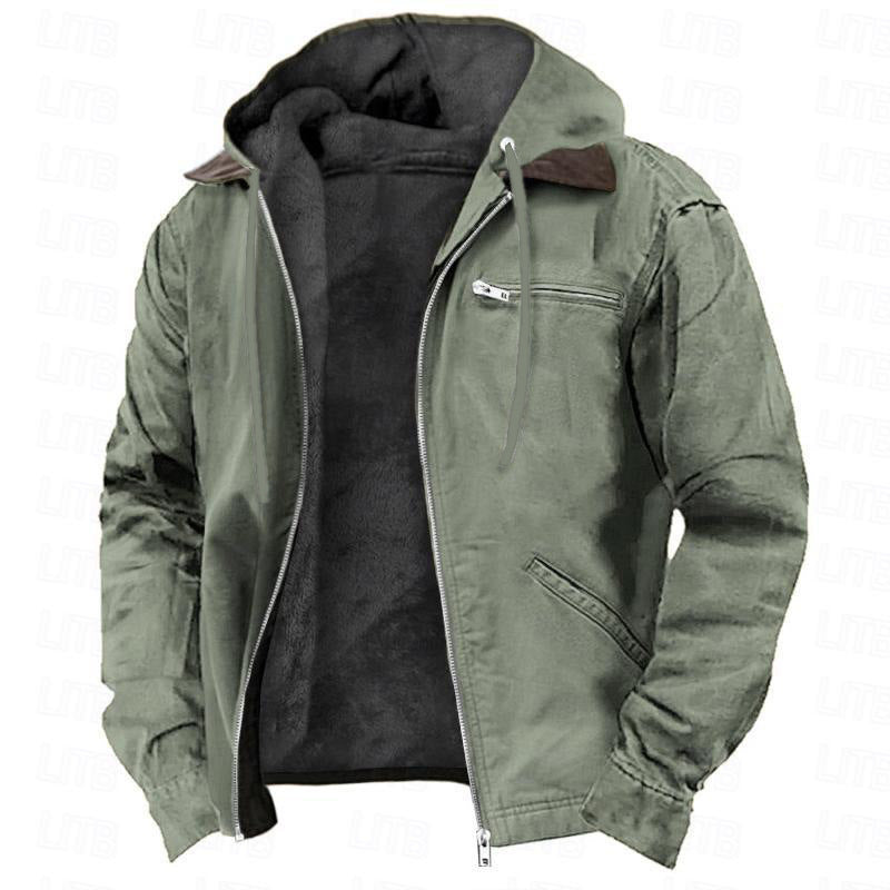 Solid Color Fleece-Lined Hooded Jacket for Men