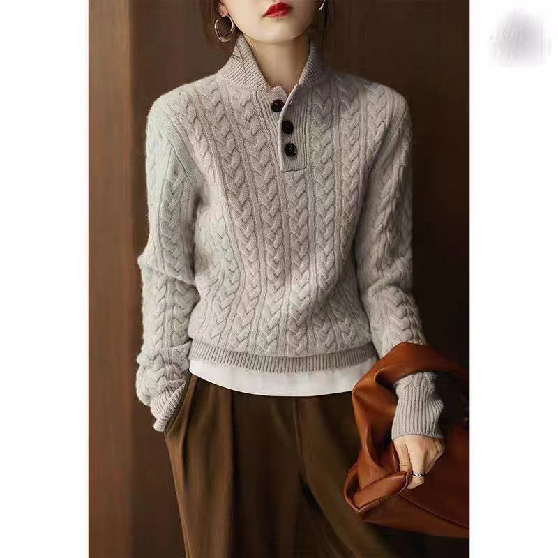 Solid Color Knit Sweater Women Retro Stand Collar Pullover
