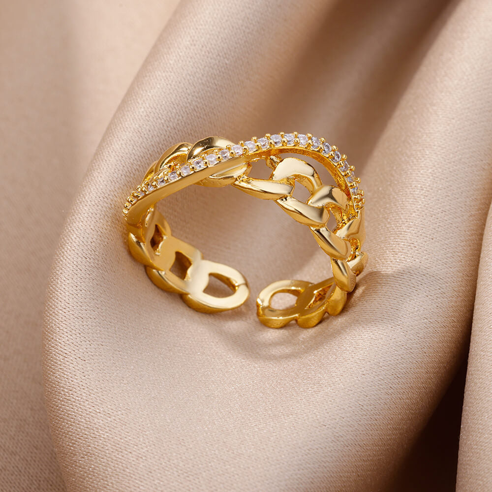 18K Gold-Plated Zircon Leaf Open Ring for Women