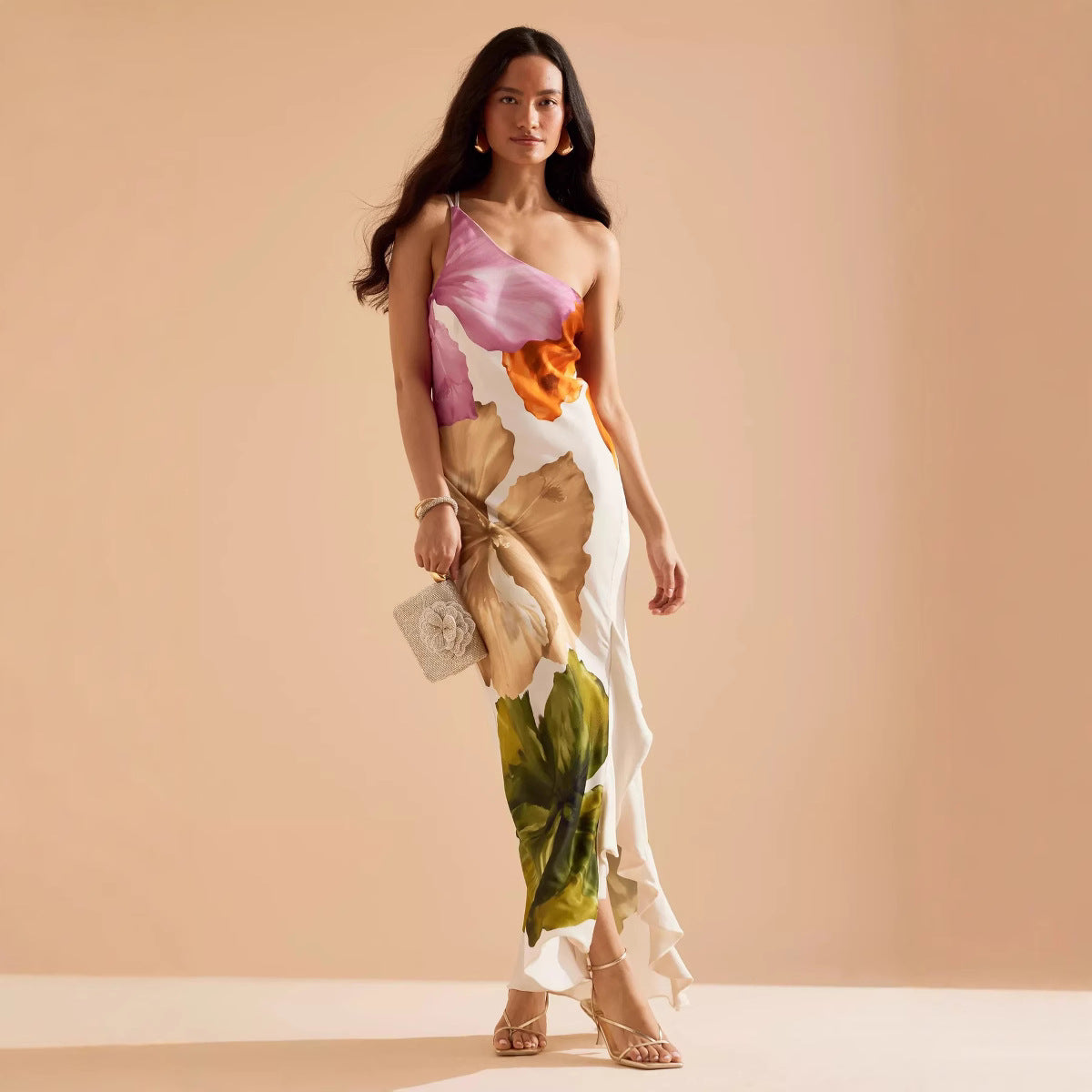 Casual Floral Print Sloping Shoulder Dress