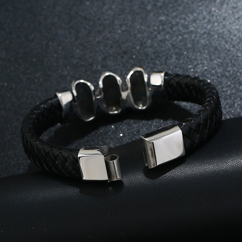 Vintage Woven Leather Bracelet with Skull Charm