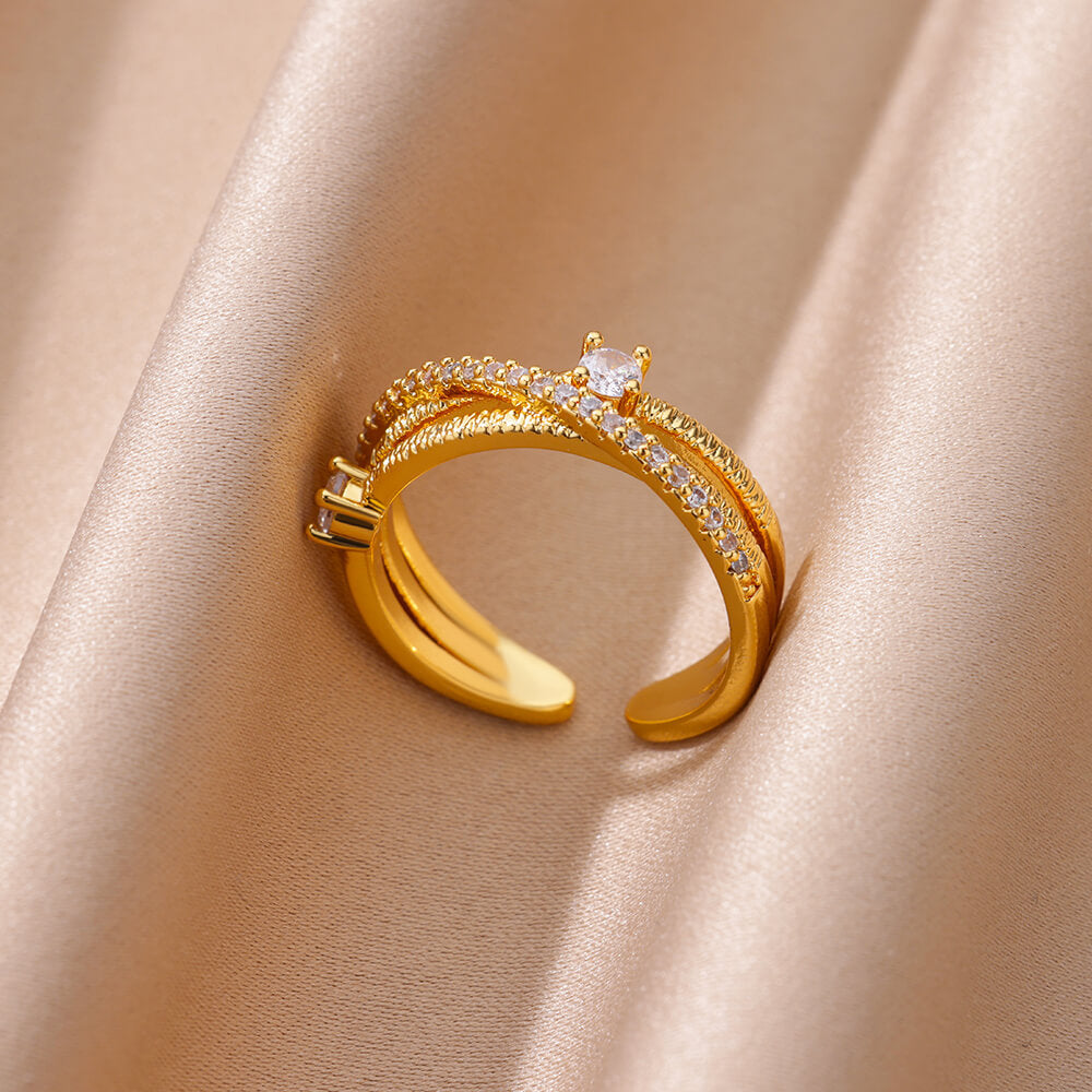 18K Gold-Plated Zircon Leaf Open Ring for Women
