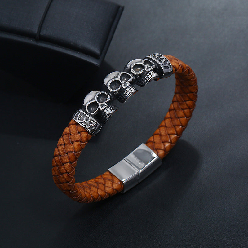 Vintage Woven Leather Bracelet with Skull Charm
