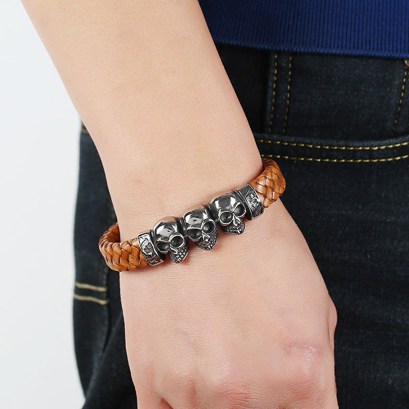 Vintage Woven Leather Bracelet with Skull Charm
