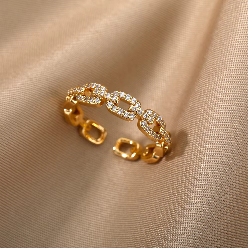 18K Gold-Plated Zircon Leaf Open Ring for Women