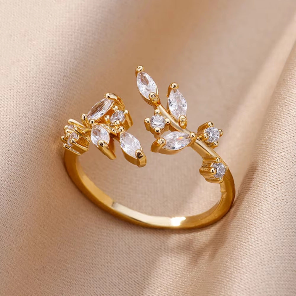 18K Gold-Plated Zircon Leaf Open Ring for Women