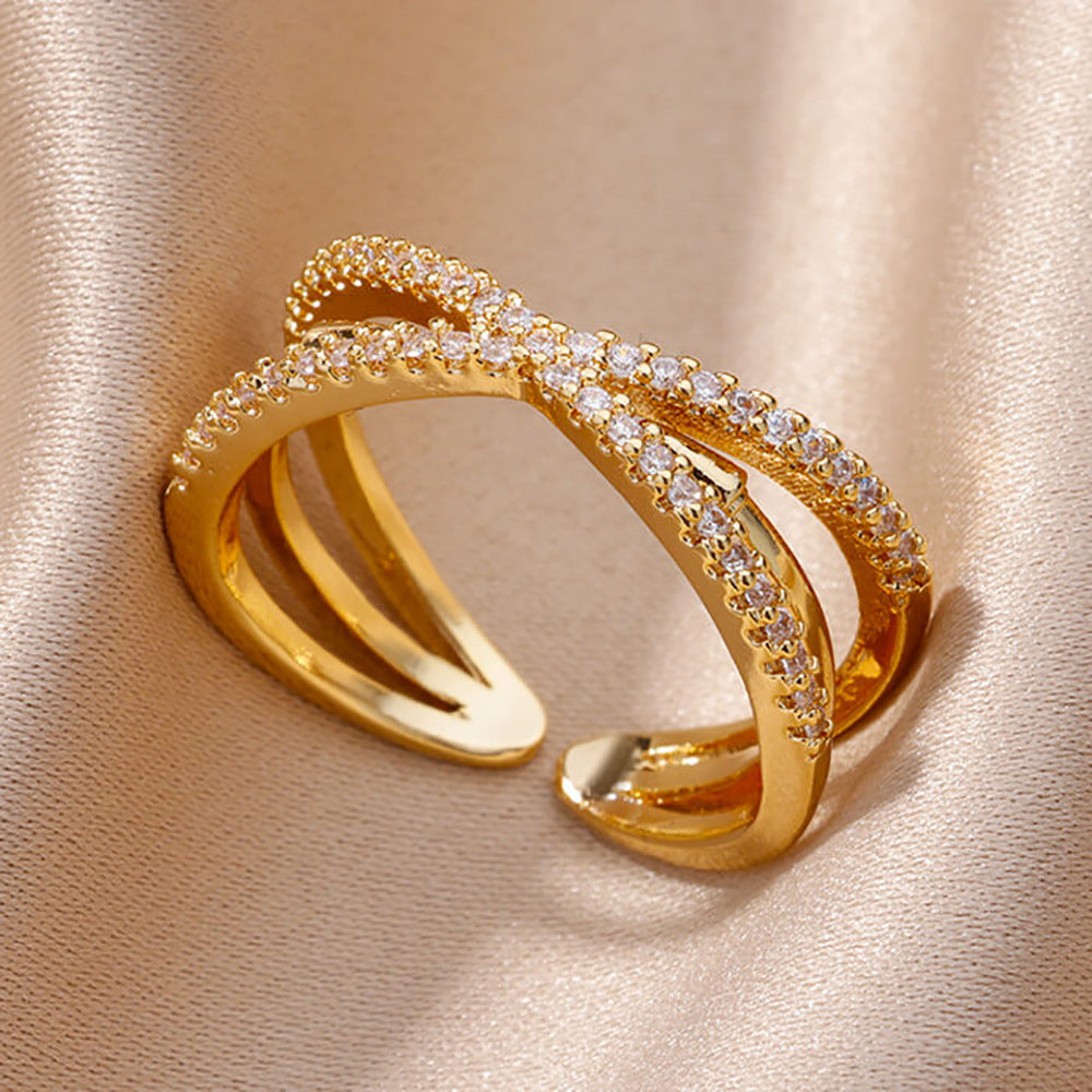 18K Gold-Plated Zircon Leaf Open Ring for Women