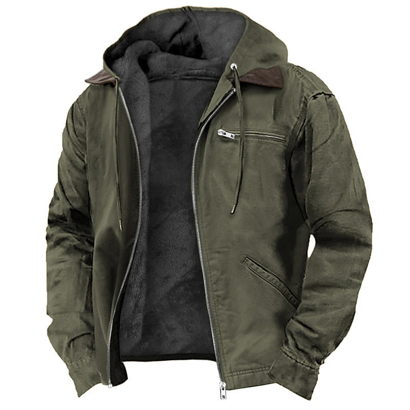 Solid Color Fleece-Lined Hooded Jacket for Men