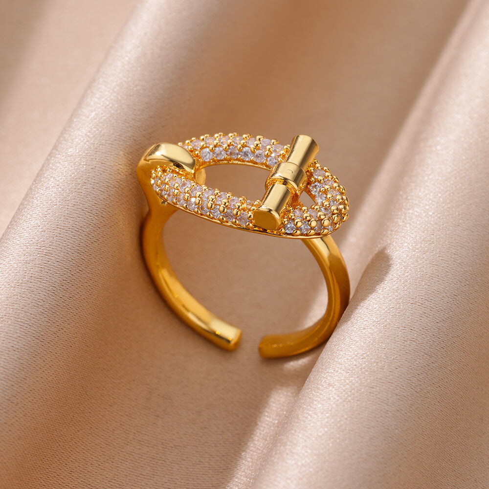 18K Gold-Plated Zircon Leaf Open Ring for Women