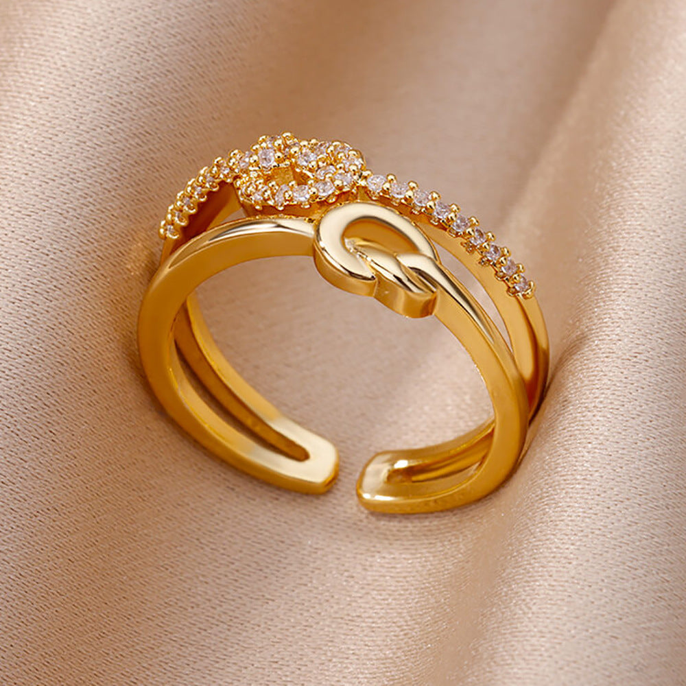 18K Gold-Plated Zircon Leaf Open Ring for Women