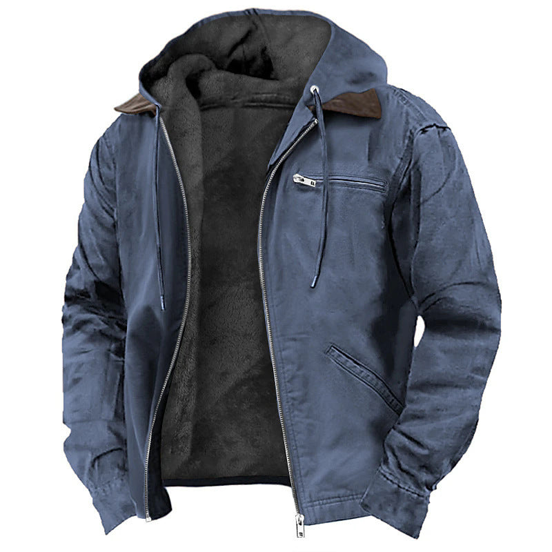 Solid Color Fleece-Lined Hooded Jacket for Men