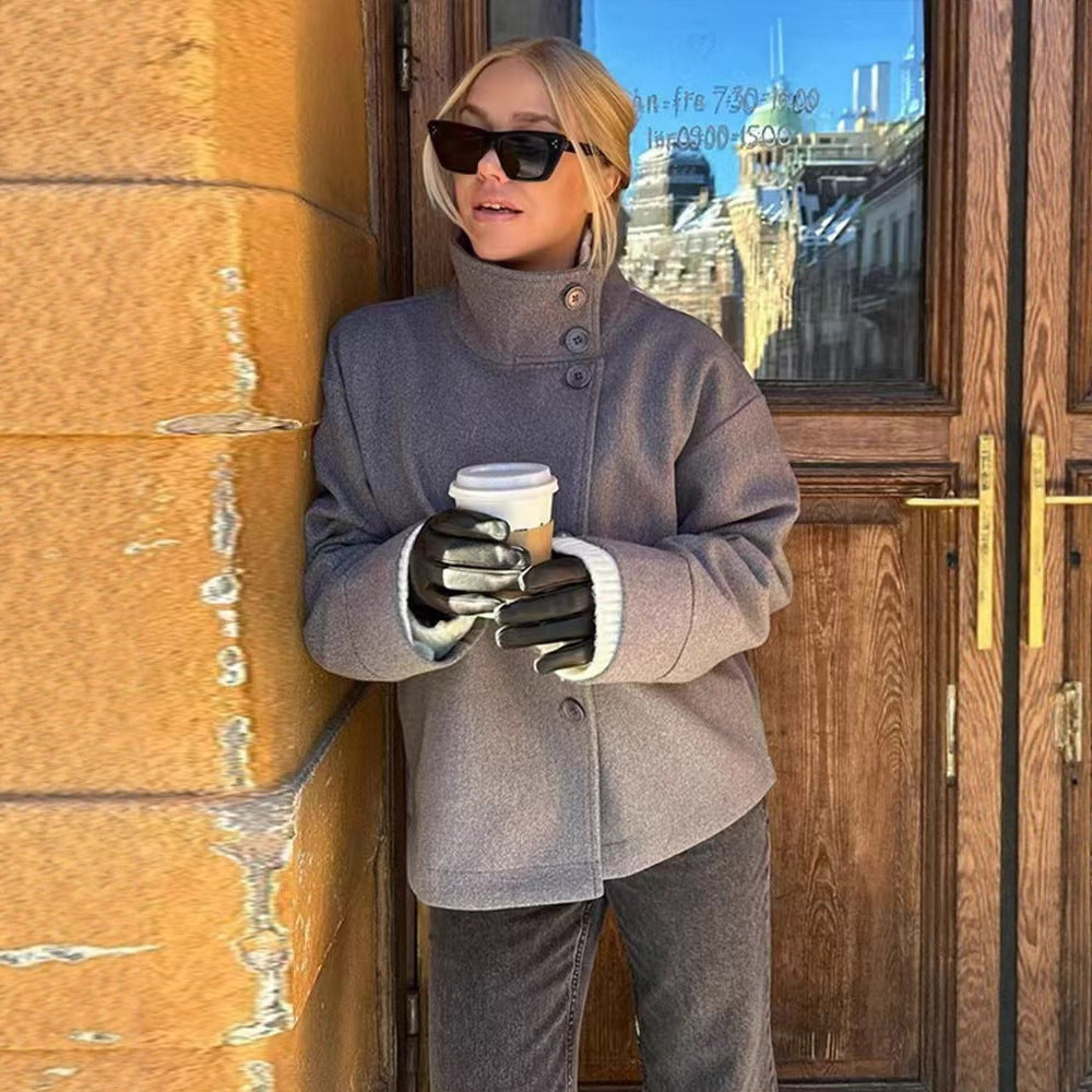 Women's Wool Coat with Stand Collar