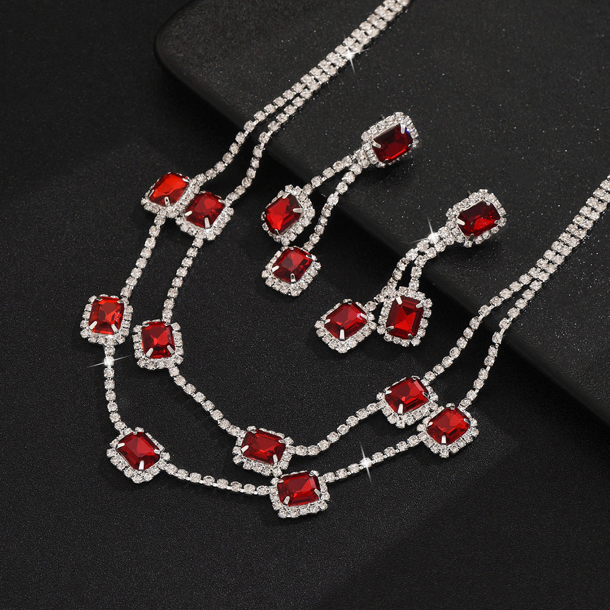 Square Double-layer Necklace and Tassel Earrings Jewelry Set