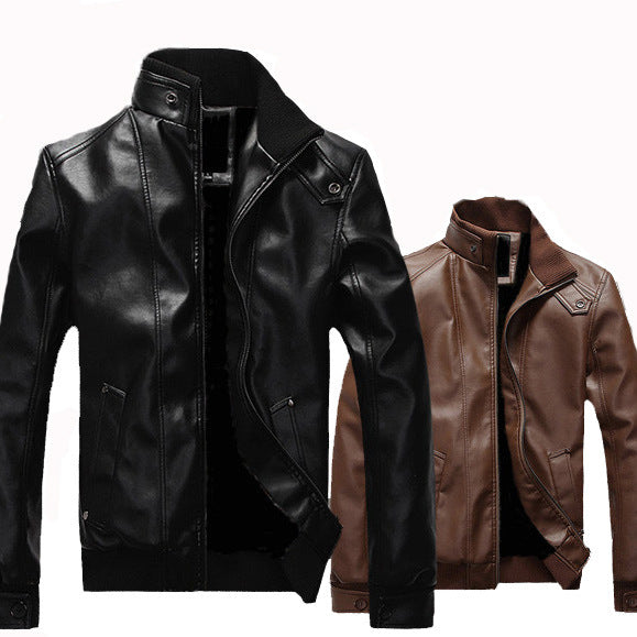 Men's stand-up collar leather jacket
