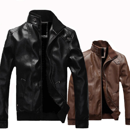Men's stand-up collar leather jacket