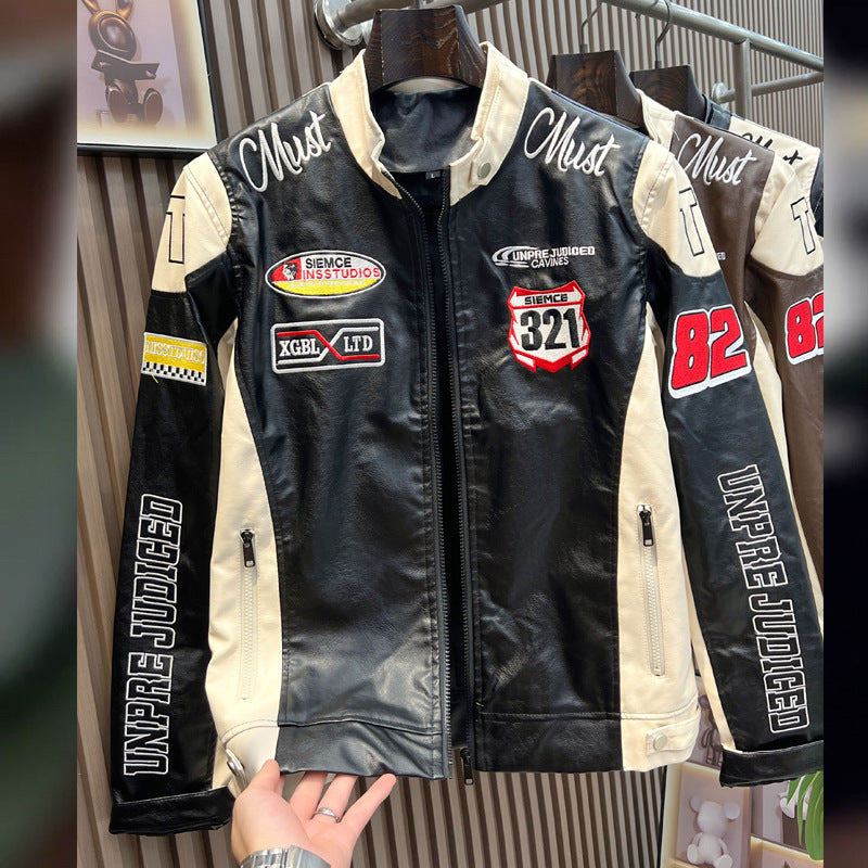 Letter Embroidered PU Leather Motorcycle Baseball Jacket
