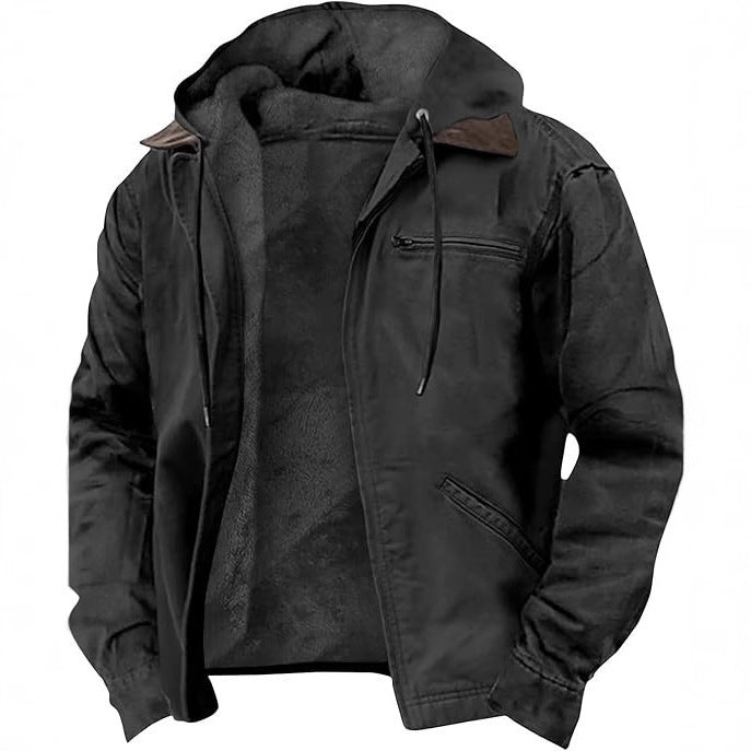 Solid Color Fleece-Lined Hooded Jacket for Men