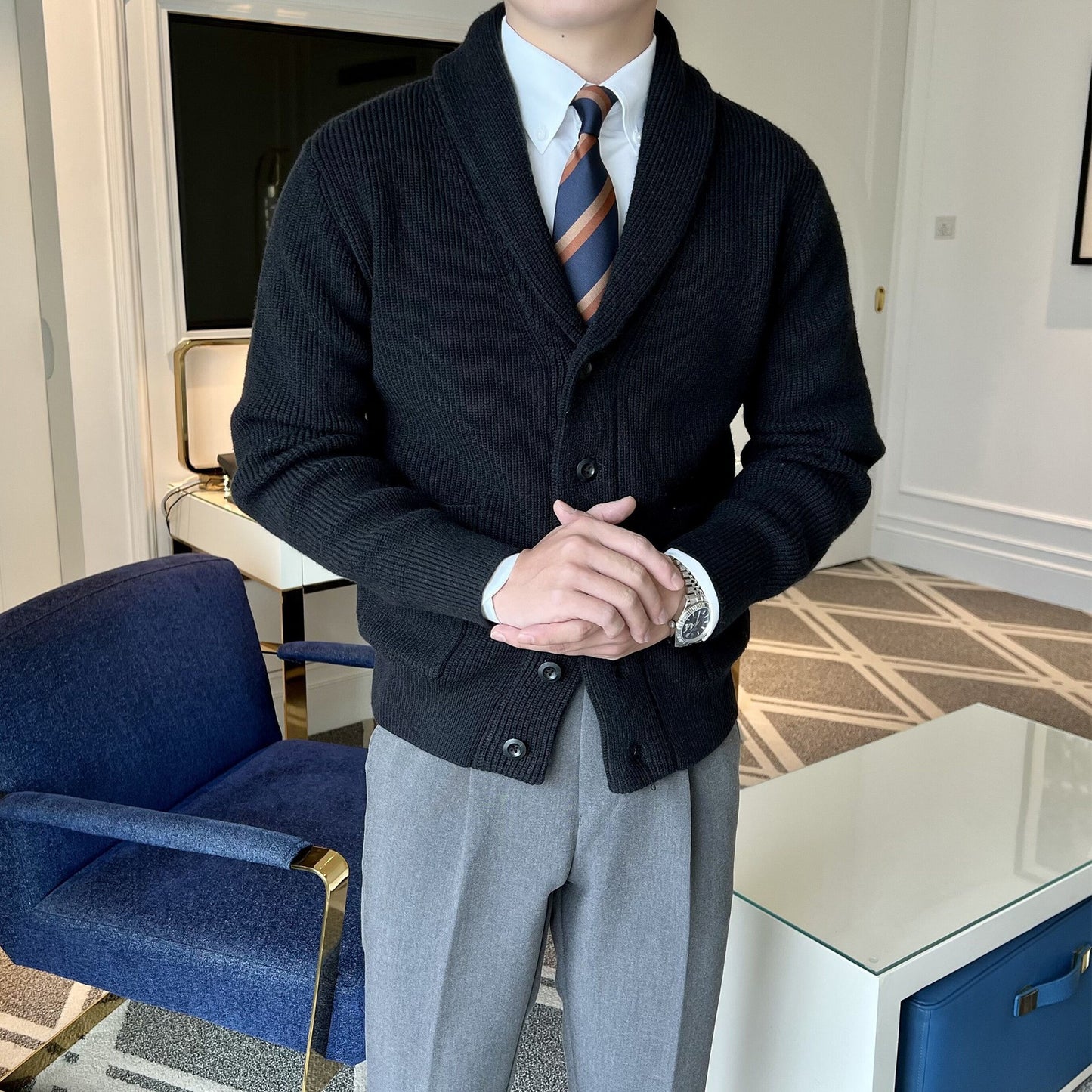 Men's Retro Slim Fit Green Collar Knitwear Cardigan