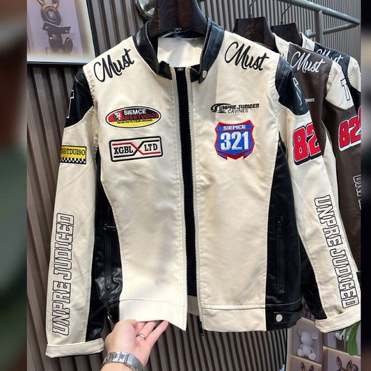 Letter Embroidered PU Leather Motorcycle Baseball Jacket