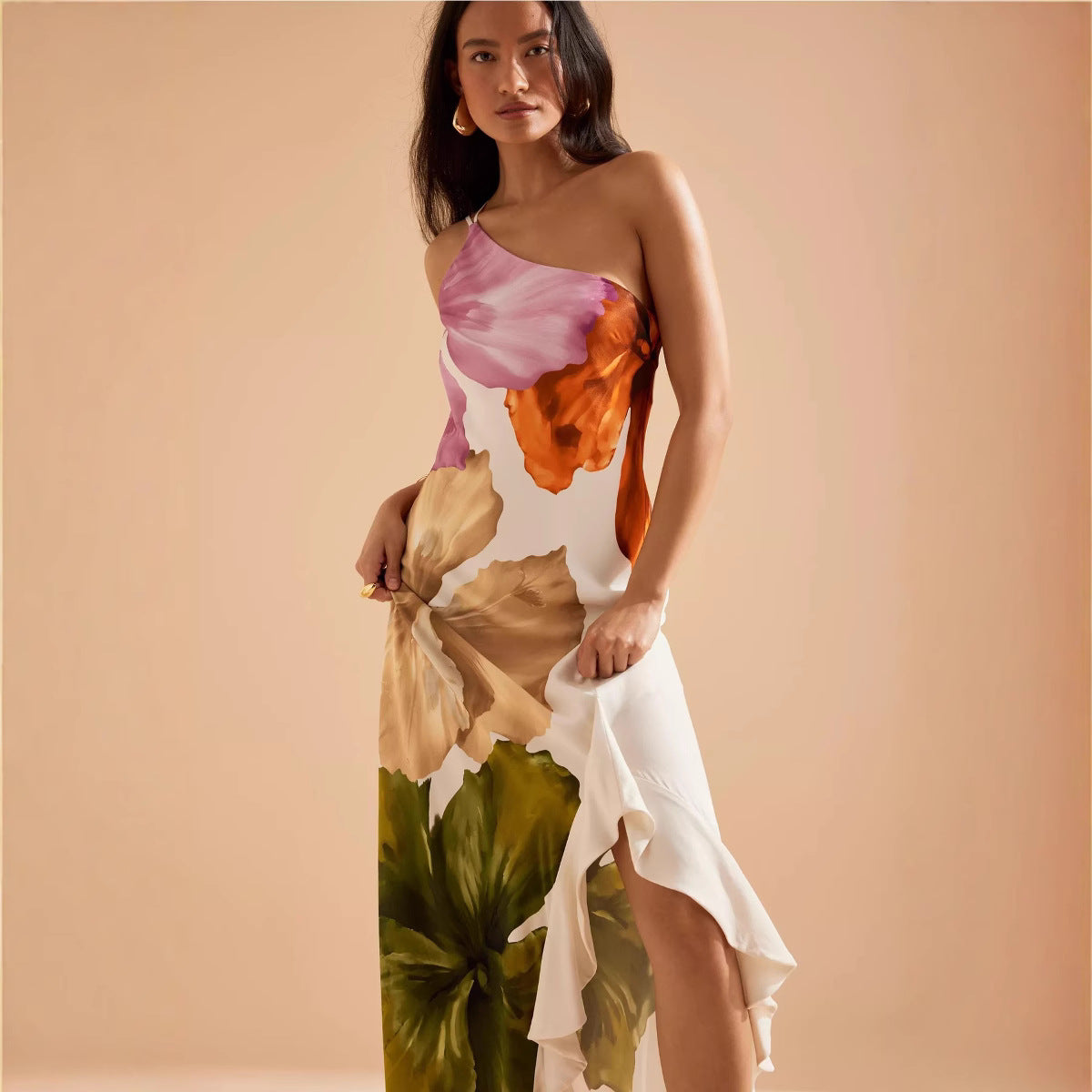 Casual Floral Print Sloping Shoulder Dress