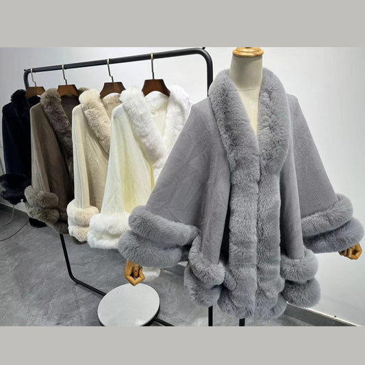 Solid color fur collar cape