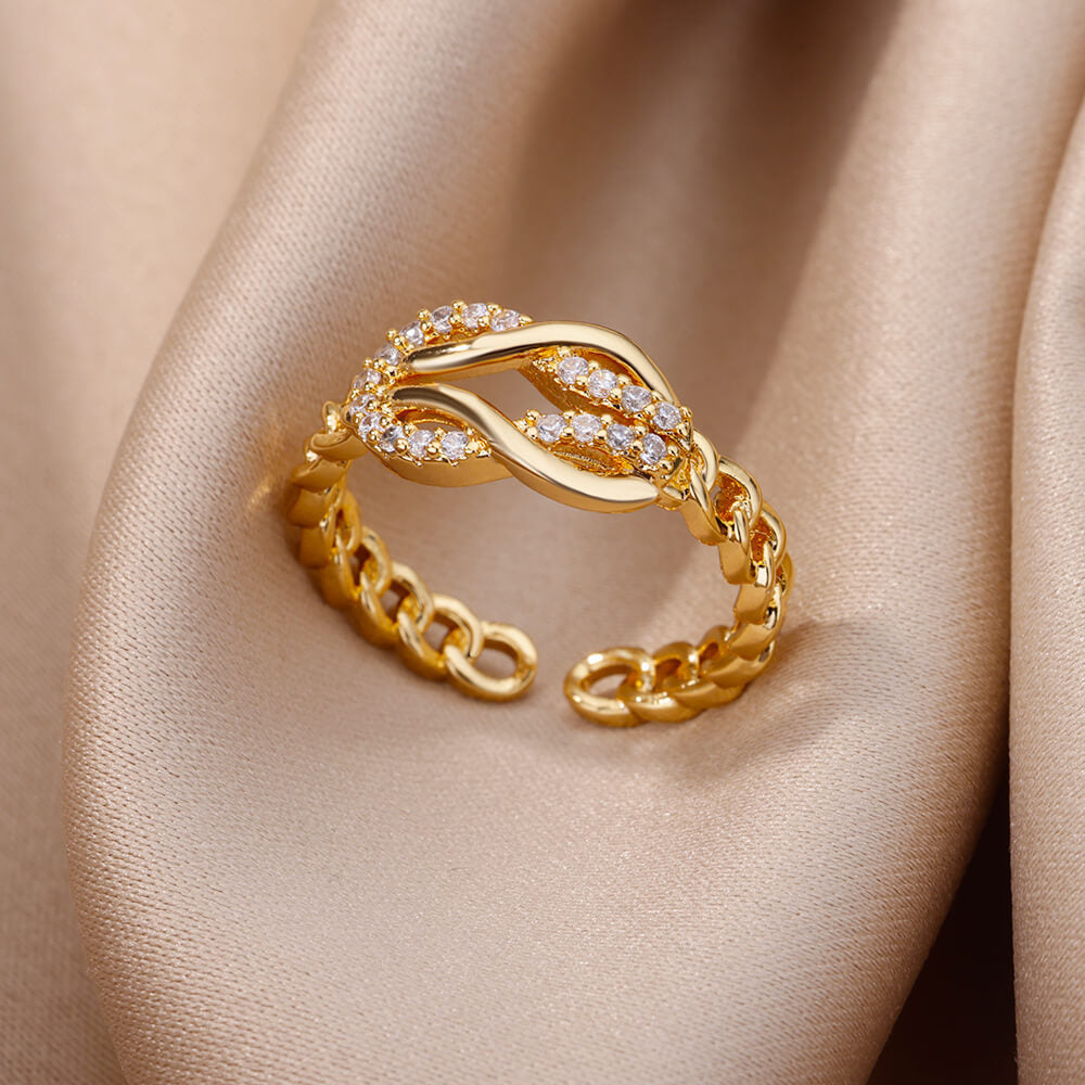 18K Gold-Plated Zircon Leaf Open Ring for Women