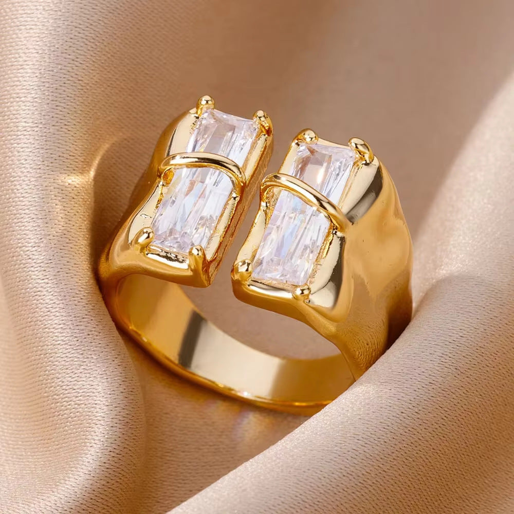 18K Gold-Plated Zircon Leaf Open Ring for Women