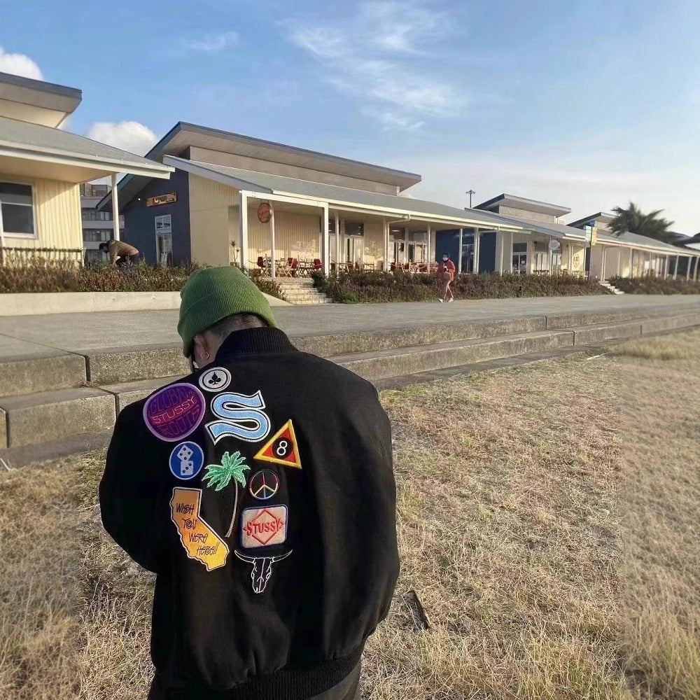 Badge patchwork embroidered baseball jacket