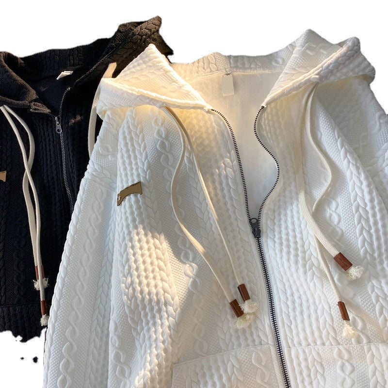 Waffle Pattern Zipper Jacket Loose Fit Retro Style