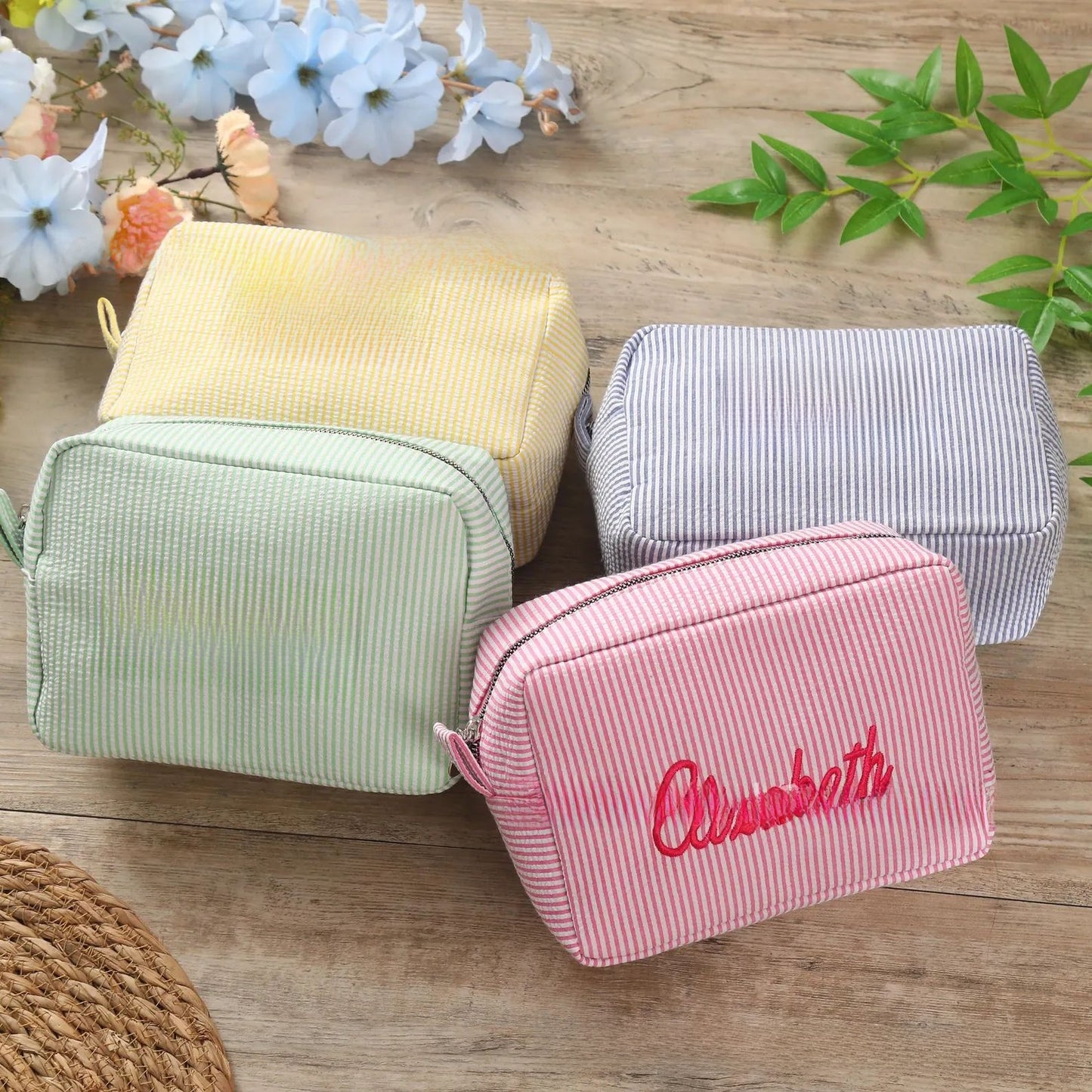 Personalized Embroidered Seersucker Cosmetic Bag