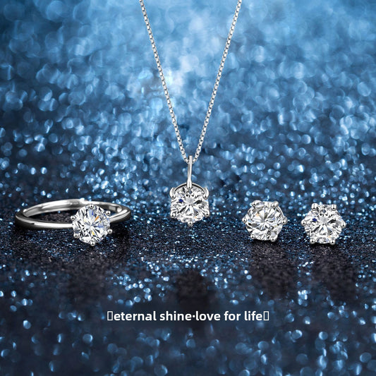 S925 sterling silver moissanite jewelry set with necklace, ring and earrings on a blue glittery background