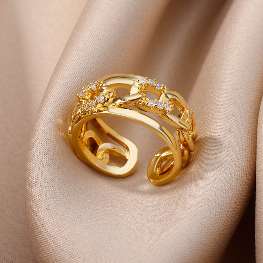 18K Gold-Plated Zircon Leaf Open Ring for Women