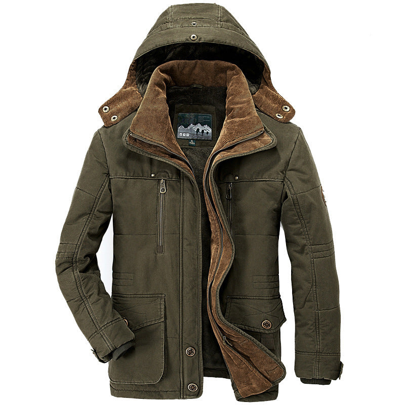 Men's Thickened Hooded Cotton Jacket with Multi-Pockets